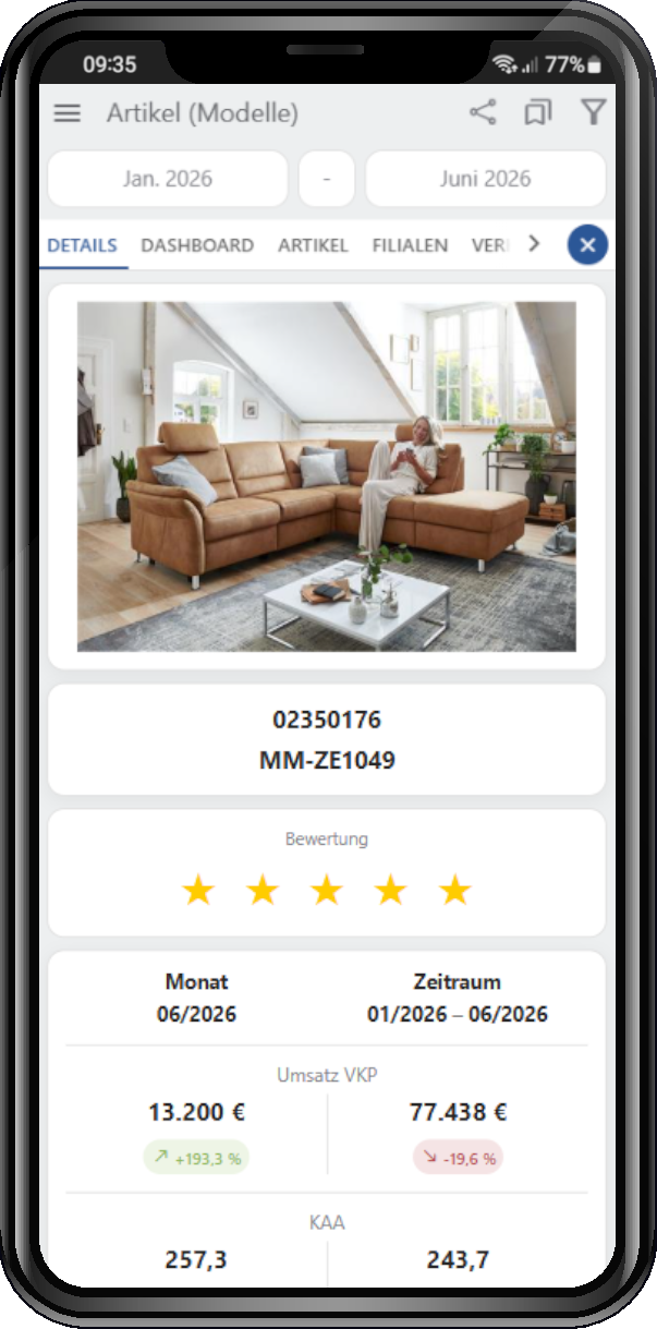 ManageMax 2 Mobile: Artikeldetails mit Produktbild, Bewertung und Umsatz